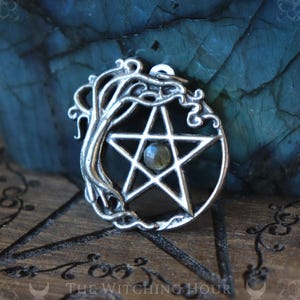 Pentagram necklace with tree of life and labradorite, witchy jewelry handmade from fine pewter and natural stone