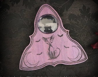 Wooden ouija planchette, engraved with a hellish cat, purple planchette for spiritualism, occult decor, witchcraft, esoteric tool