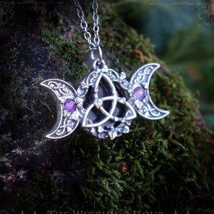Triple moon and triquetra necklace with purple amethyst, celtic knot adorned with Ivy leaves - gothic jewelry handmade from fine pewter
