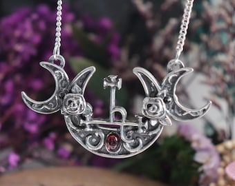 Sigil of Lilith necklace with red garnet, occult jewelry handmade from fine pewter, seal of goddess Lilith with a triple moon