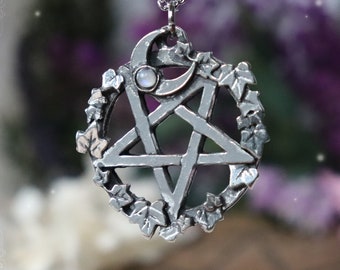 Inverted pentagram necklace with moon crescent and rainbow moonstone, handmade jewelry in fine pewter