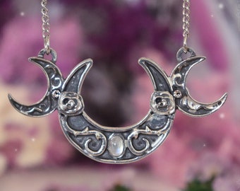 Triple moon necklace with rainbow moonstone, handmade wiccan jewelry with moon crescent in fine pewter