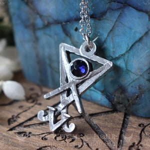 Sigil of Lucifer pendant with blue swarovski crystal, handmade occult jewelry in fine pewter