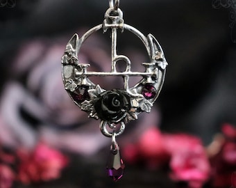 Lilith sigil necklace with a black rose and light purple swarovski crystals, handmade gothic jewelry in hypoallergenic fine pewter