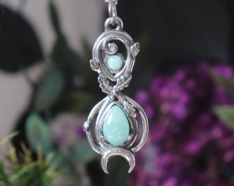 Elven necklace with blue amazonite and oak leaves, infinity symbol handmade pendant in fine pewter and natural stone