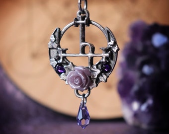 Sigil of Lilith necklace with purple rose and swarovski crystals, Goddess Lilith's seal pendant, handmade pagan jewelry, Ishtar symbol