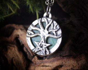 Tree of life and pentagram necklace with Australian blood jasper, pagan jewelry