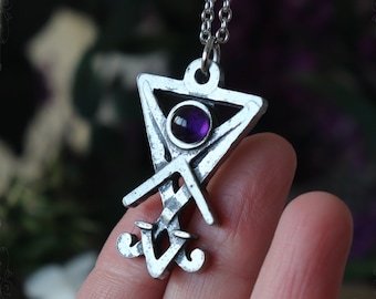 Amethyst-Siegel des Luzifer-Anhängers, handgefertigter Sigil-Schmuck aus hypoallergenem Feinzinn