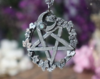 Inverted pentagram necklace with moon crescent and natural labradorite, handmade jewelry in fine pewter