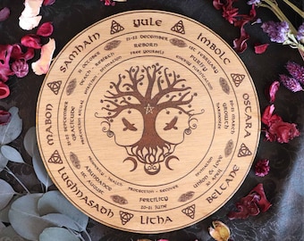 Wheel of the year with tree of life ungraved thick wood, Yggdrasil altar ornament for pagan celebration of sabbaths, wicca, magick, occult
