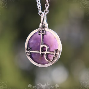 Seal of Lilith necklace with natural amethyst, handmade Lilith's sigil pendant in fine pewter