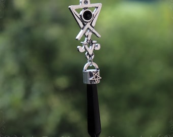 Schwarze Onyx-Siegelkette von Luzifer mit umgekehrtem Pentagramm, Siegel des Luzifer-Anhängers, handgefertigte Pendelkette Luziferischer Schmuck