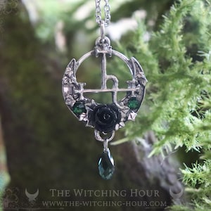 Sigil of Lilith necklace with black rose, moon crescent and green swarovski crystals, occult pendant pagan jewelry witchy gothic