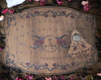 Planche ouija en bois ornée du sigil de Lilith, d'une triple lune et de roses, planche pour le spiritisme artisanale