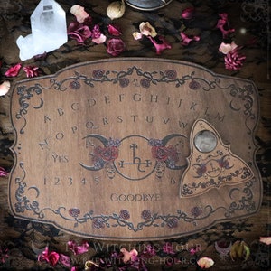 Lilith&#39;s sigil wooden ouija board, engraved with triple moon and roses, planchette for spiritualism, handmade