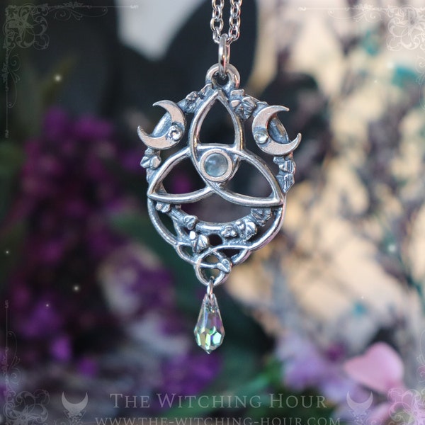 Wiccan triquetra necklace with natural labradorite, celtic trinity knot pendant, spiritual pagan symbol, wicca