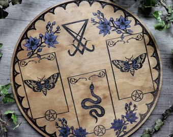 Sigil of Lucifer divination board for tarot and oracle cards, handmade with engraved wood and hand painted flowers, occult arts