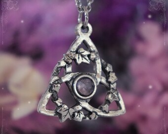 Celtic triquetra pendant with light amethyst, handmade trinity knot necklace in fine pewter and natural stone