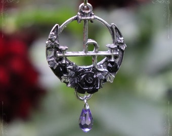 Lilith's sigil necklace with moon cresent, black rose and light purple drop, symbol of the goddess Lilith, handmade gothic jewelry