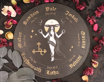 Lilith wheel of the year, wooden altar ornament, hand painted