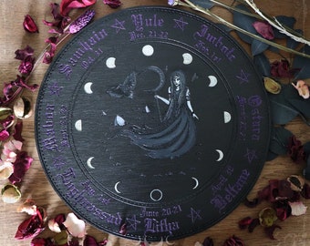 Morrigan wheel of the year, wooden altar ornament, hand painted