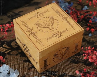 Engraved wooden viking box, with valknut, runes and a crow, runes box, viking home decor, jewelry box