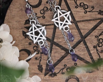 Boucles d'oreilles pentacles, ornées de perles en améthyste, de chaînes et de petites gouttes violettes, bijou païen, ésotérique, witchy