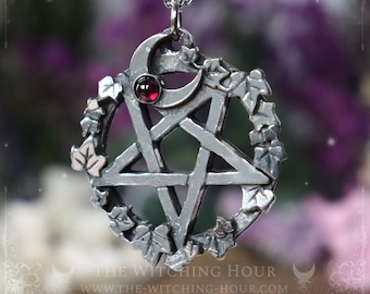 Inverted pentacle necklace with moon crescent and garnet, satanic pendant handmade in fine pewter