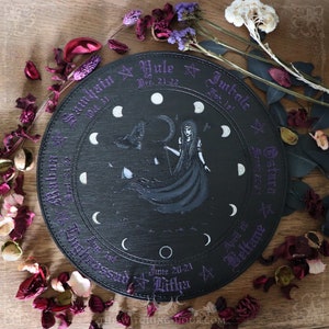 Morrigan wheel of the year, wooden altar ornament, hand painted