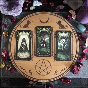 Planche de divination en bois ornée de chats et d'un pentacle, plateau divinatoire pour tarots et oracles, arts divinatoires, voyance