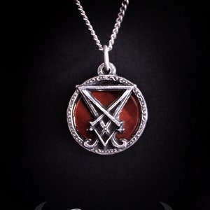 Sigil of Lucifer necklace with red tiger eye, luciferian jewelry handmade from fine pewter