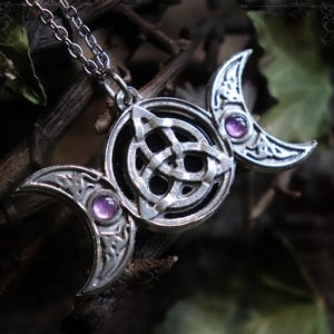 Triple moon necklace with celtic triquetra adorned with  amethyst and onyx, trinity knot symbol, handmade gothic jewelry in fine pewter
