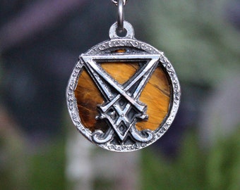 Siegel von Luzifer-Anhänger, Siegel von Luzifer-Halskette mit Tigerauge, luziferische Halskette, satanischer und heidnischer Natursteinschmuck