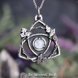 Celtic knot triquetra pendant with rainbow moonstone, trinity knot necklace, pagan jewelry, Wicca
