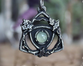 Celtic triquetra pendant with prehnite, celtic trinity knot, handmade pagan jewelry