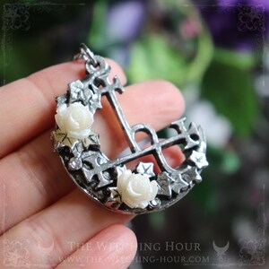 Lilith's sigil necklace with moon crescent and white roses, witchy jewelry handmade from fine pewter