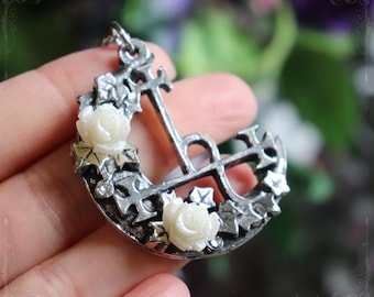 Lilith's sigil necklace with moon crescent and white roses, witchy jewelry handmade from fine pewter