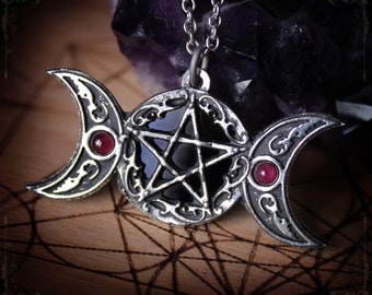 Pentagram and triple moon necklacet with onyx and garnet, pentagram pendant, pagan jewelry, witchy jewelry