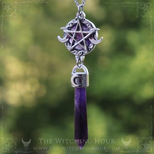 Pentagram pendulum necklace with amethyst and triple moon, handmade gothic jewelry in fine pewter and natural stone