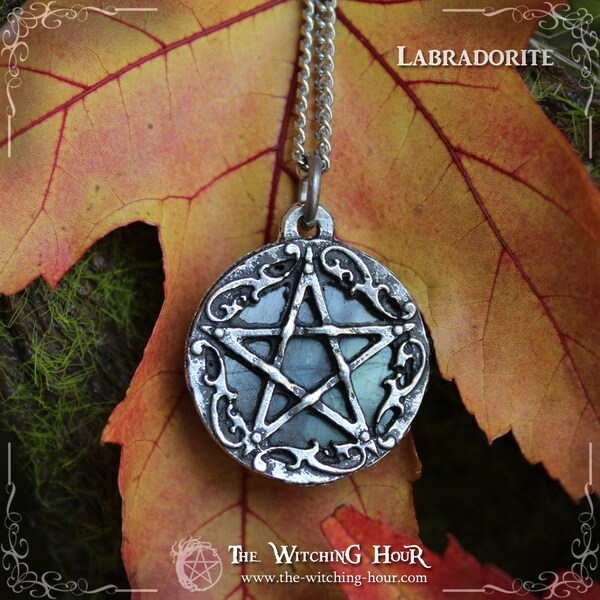 Pentakel-/Pentagrammanhänger mit Labradorit, Amethyst oder anderem Naturstein, handwerklicher heidnischer Zinnschmuck