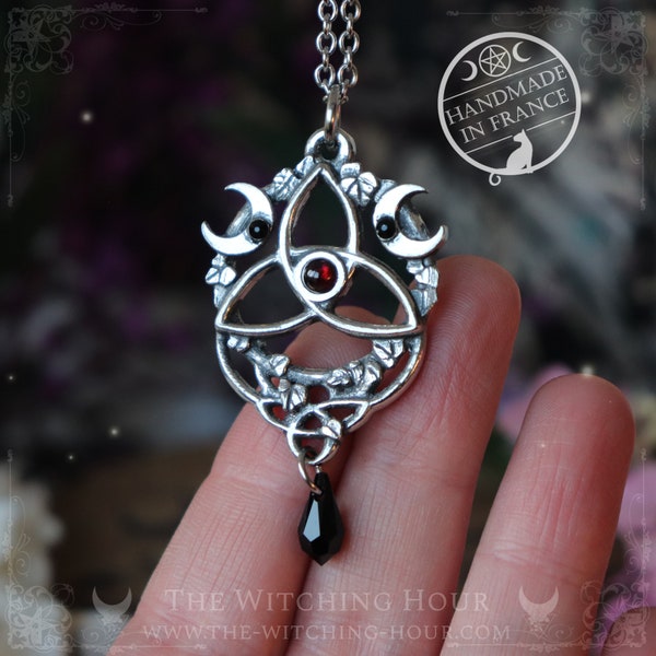 Pendentif triquetra elfique avec grenat naturel, collier noeud celtique païen, wicca, ésotérique, entrelacs celtique