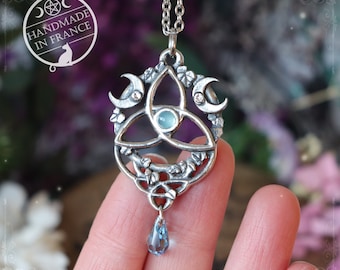 Elven triquetra necklace with natural blue chacedony, celtic trinity knot pendant, handmade elven jewelry