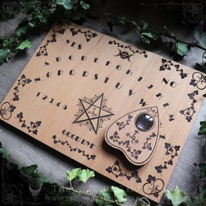 Sigil of Lilith wooden ouija board with matching planchette, engraved talking board for spiritualism or occult home decor