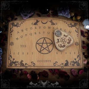 Wooden ouija board with cats and a pentagram, handmade spiritism planchette