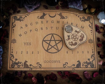 Wooden ouija board with cats and a pentagram, handmade spiritism planchette