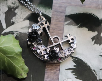 Lilith's sigil necklace on a moon crescent adorned with black roses and ivy leaves, gothic jewelry handmade in hypoallergenic fine pewter