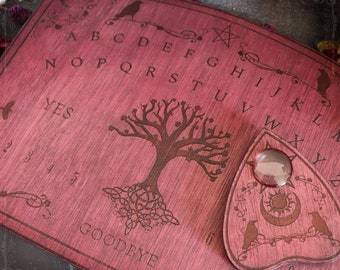Red wooden ouija board with the tree of life and ravens, spirit planchette, Yggdrasil talking board, ouija spirit board, witchcraft decor