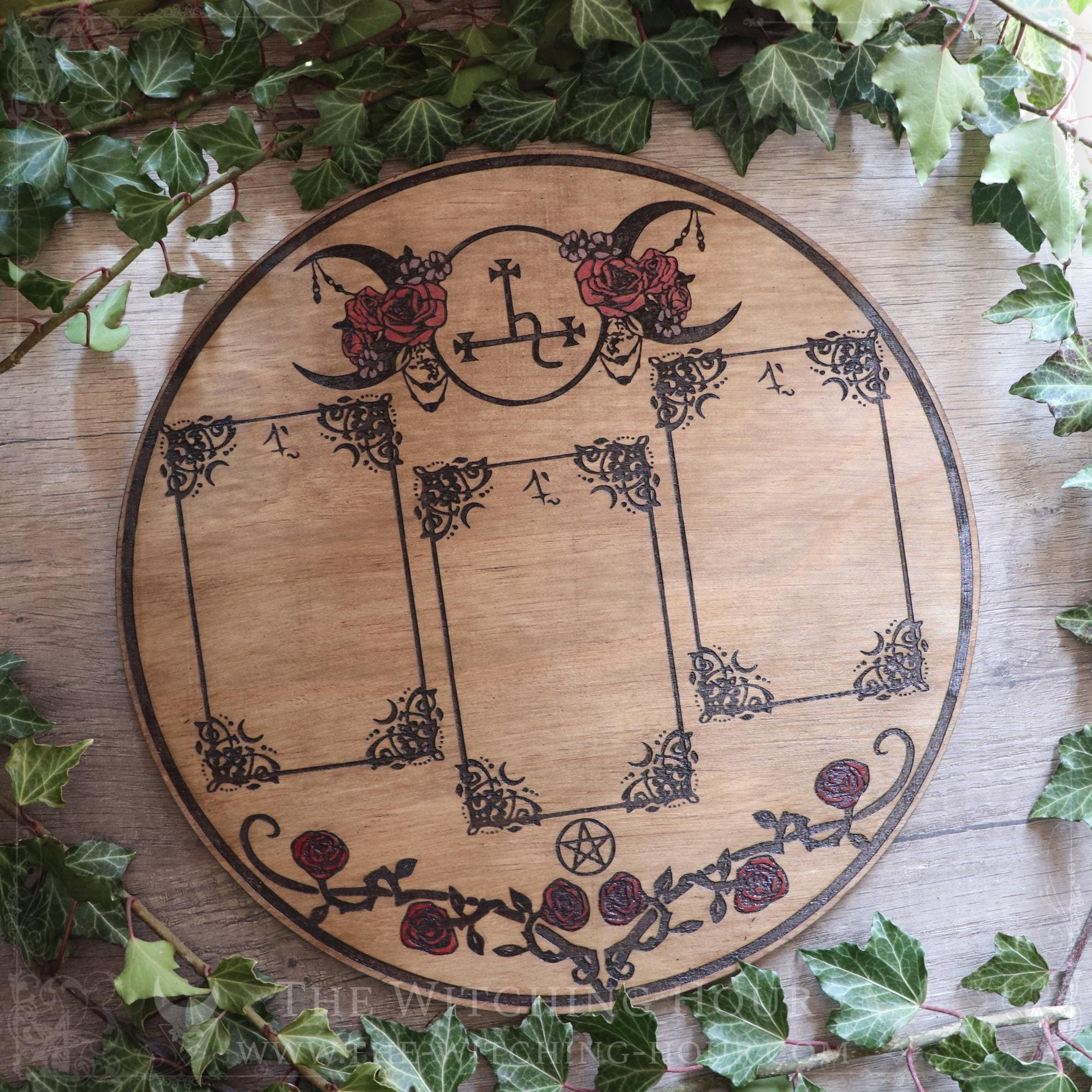 Sigil of Lilith divination board for tarot and oracle cards, handmade with engraved wood
