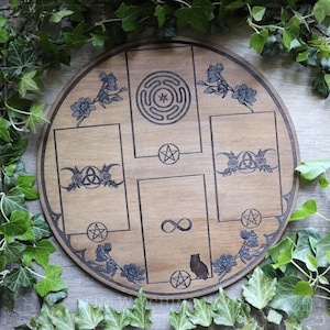 Tablero de adivinación decorado con la rueda de Hécate, en madera grabada, tablero adivinatorio para tarot y oráculos, artes adivinatorias, videncia