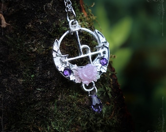 Lilith necklace with purple rose and synthetic crystals, Goddess Ishtar pendant, handmade gothic jewelry in hypoallergenic fine pewter